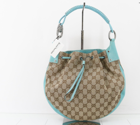 Gucci GG Canvas & Teal Leather Tote Purse