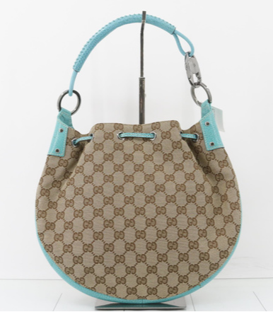 Gucci GG Canvas & Teal Leather Tote Purse