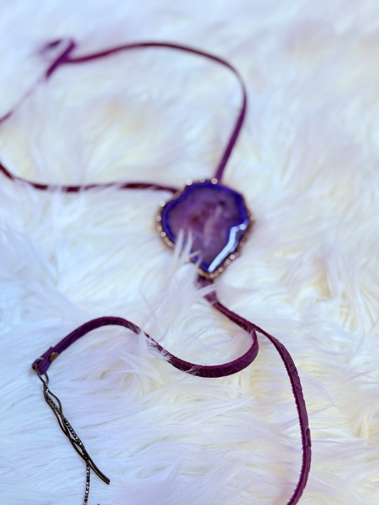 Violet Marble Slab & Leather Bolo Necklace