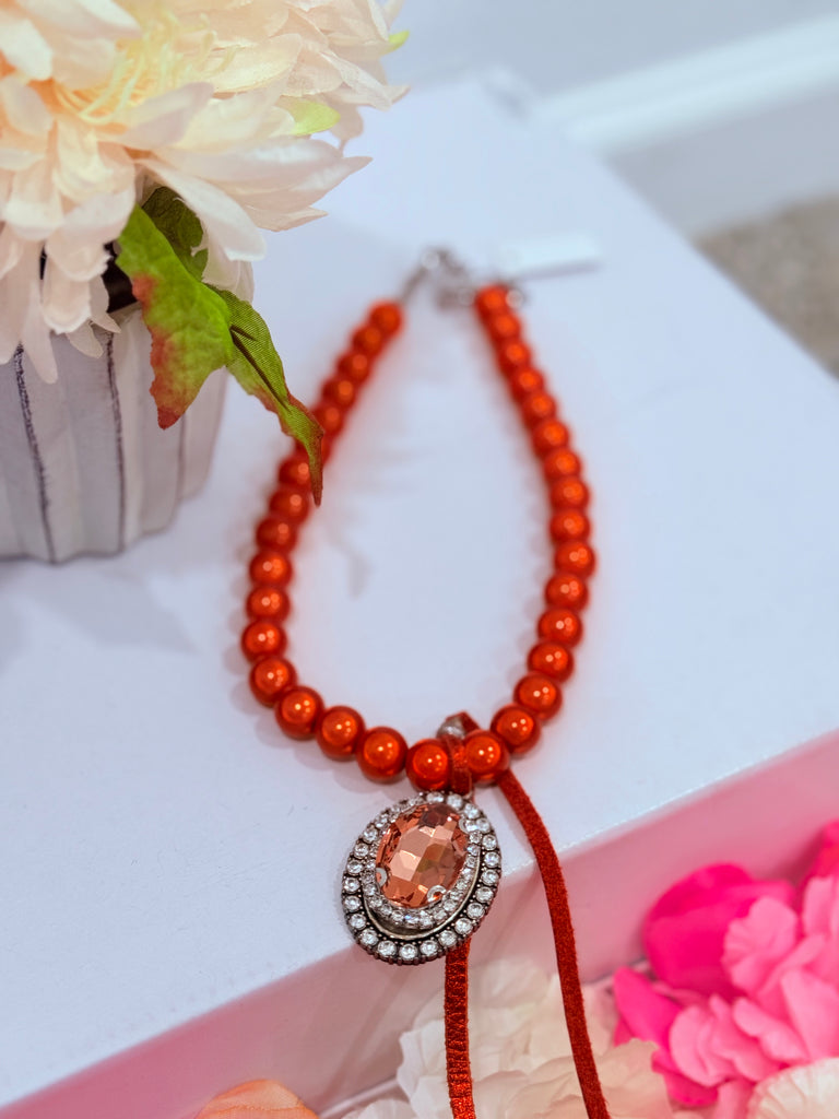 Orange Iridescent Bubble Beaded & Crystal Necklace