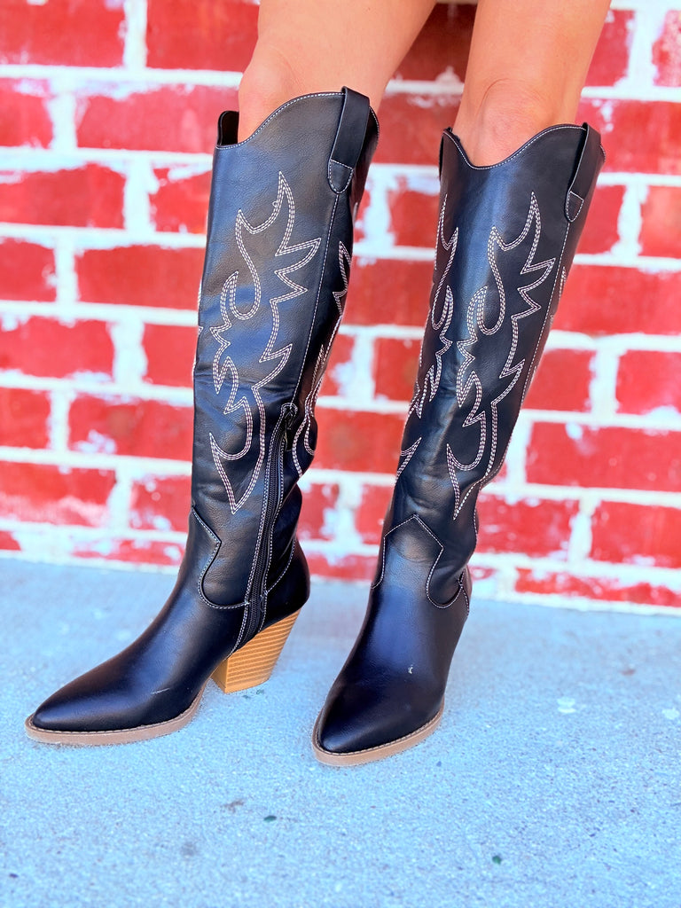 Stir Up Black and Beige Embroidered Cowboy Boots