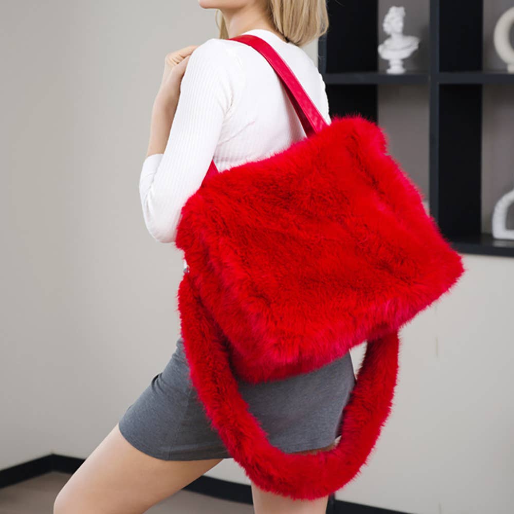 Fluffy Fur Oversized Tote Bag - RED