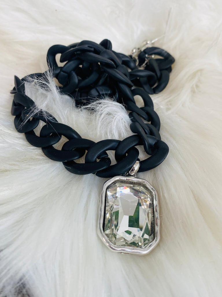 Matte Black & Crystal Link Necklace