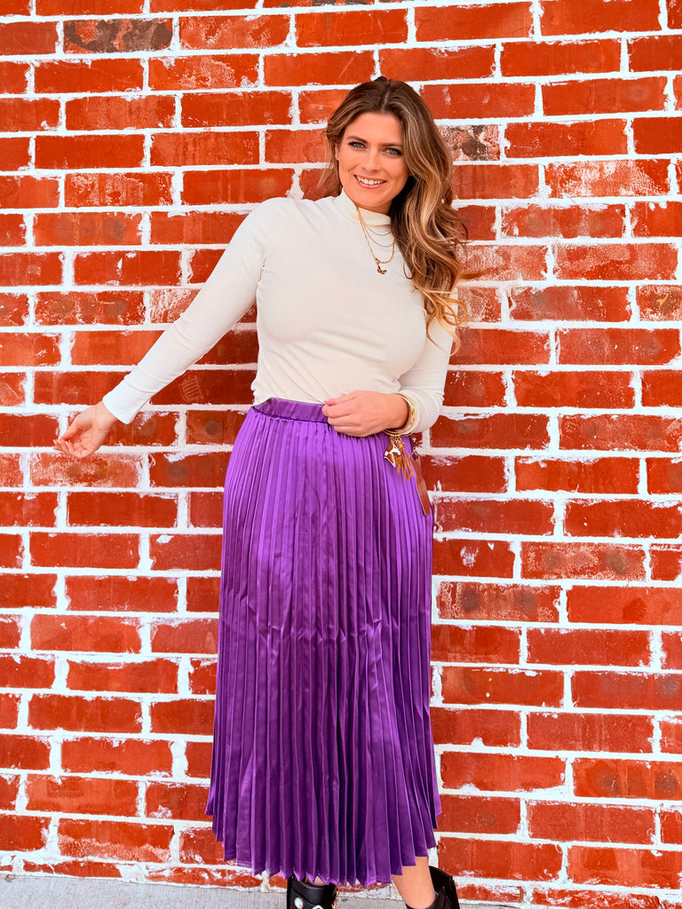 Pleated A-Line Satin Feel Midi Skirt- Purple