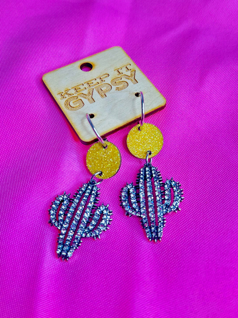 Yellow and Crystal Cactus Earrings