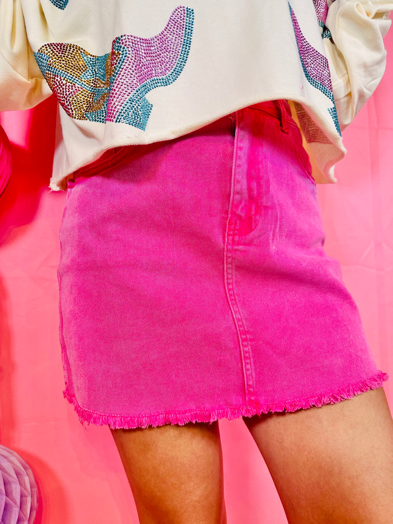 Hot Pink Acid Wash Frayed Skirt