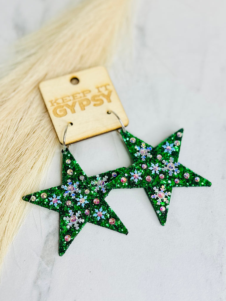 Snowflake Green Glitter Star Earrings