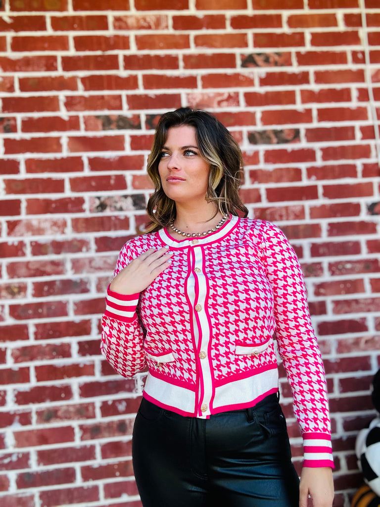 Casual Ritz Houndstooth Sweater Top - Fuchsia