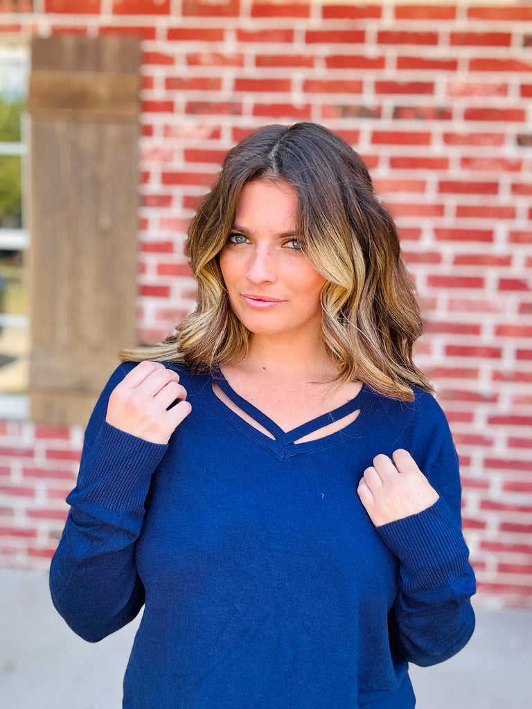 Never Leaving Here Criss Cross Sweater - Navy