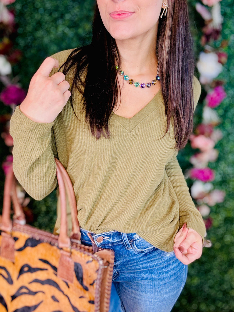 Life's A Journey Waffle Knit V-Neck Top - Olive