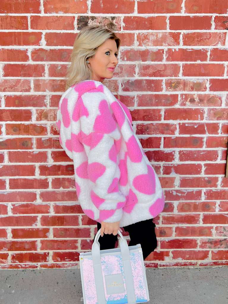 Flirtatious Hearts Sherpa Zip Up Jacket - Pink & Ivory!