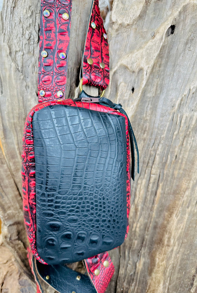 Two Tone Black & Cherry Red Leather Paige Crossbody