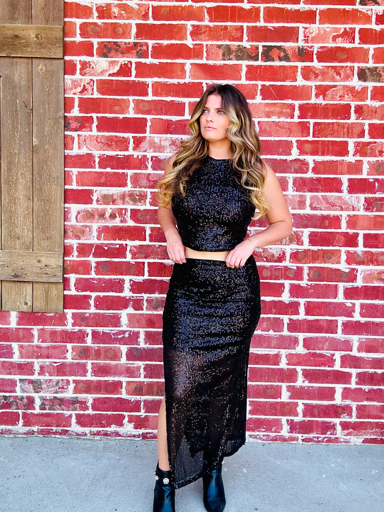 Glamour Glow Sequin Slit Midi Skirt - Black