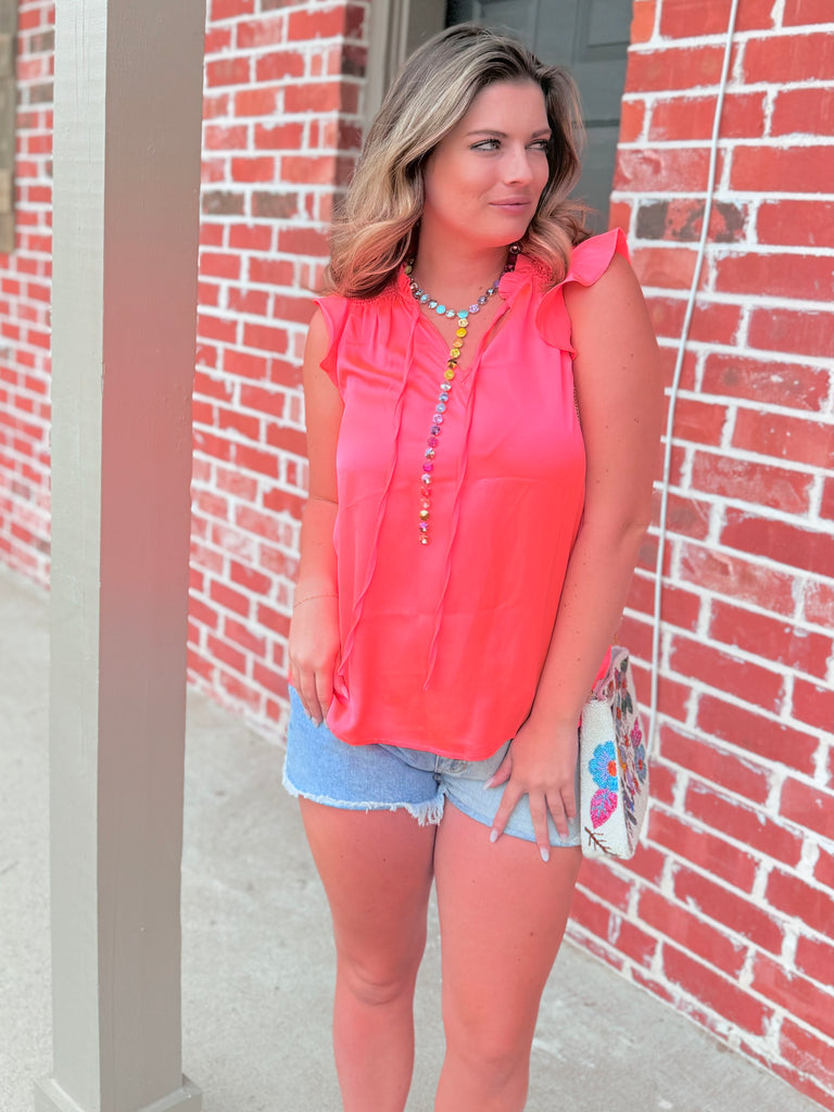 Neon Coral Tie Front V-neck Ruffle Blouse