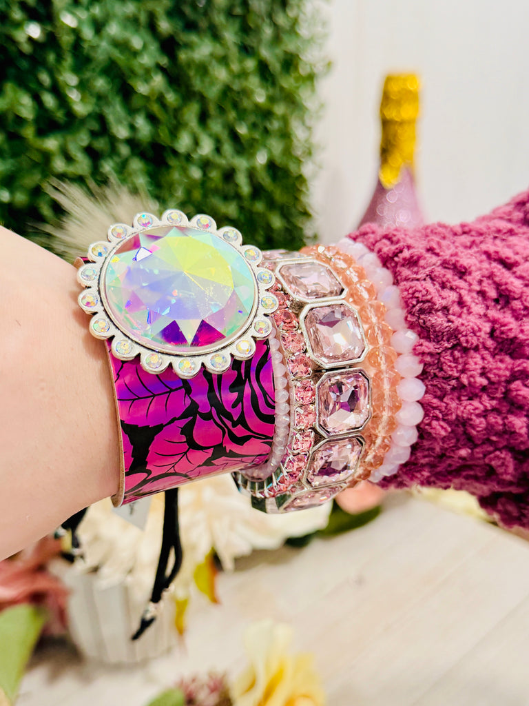 Warming Pink Springs Hologram Roses AB Stone Cuff