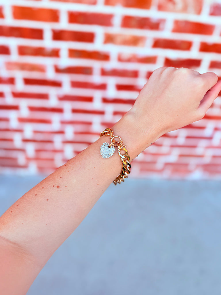 Little Miss Lover Crystal Heart Link Bracelet in Golden Silver