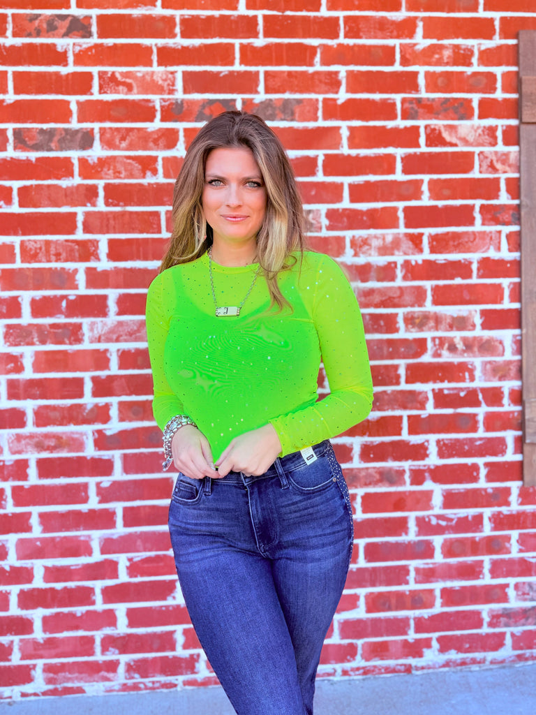 Hologram Sequin Spotted Lime Mesh Top