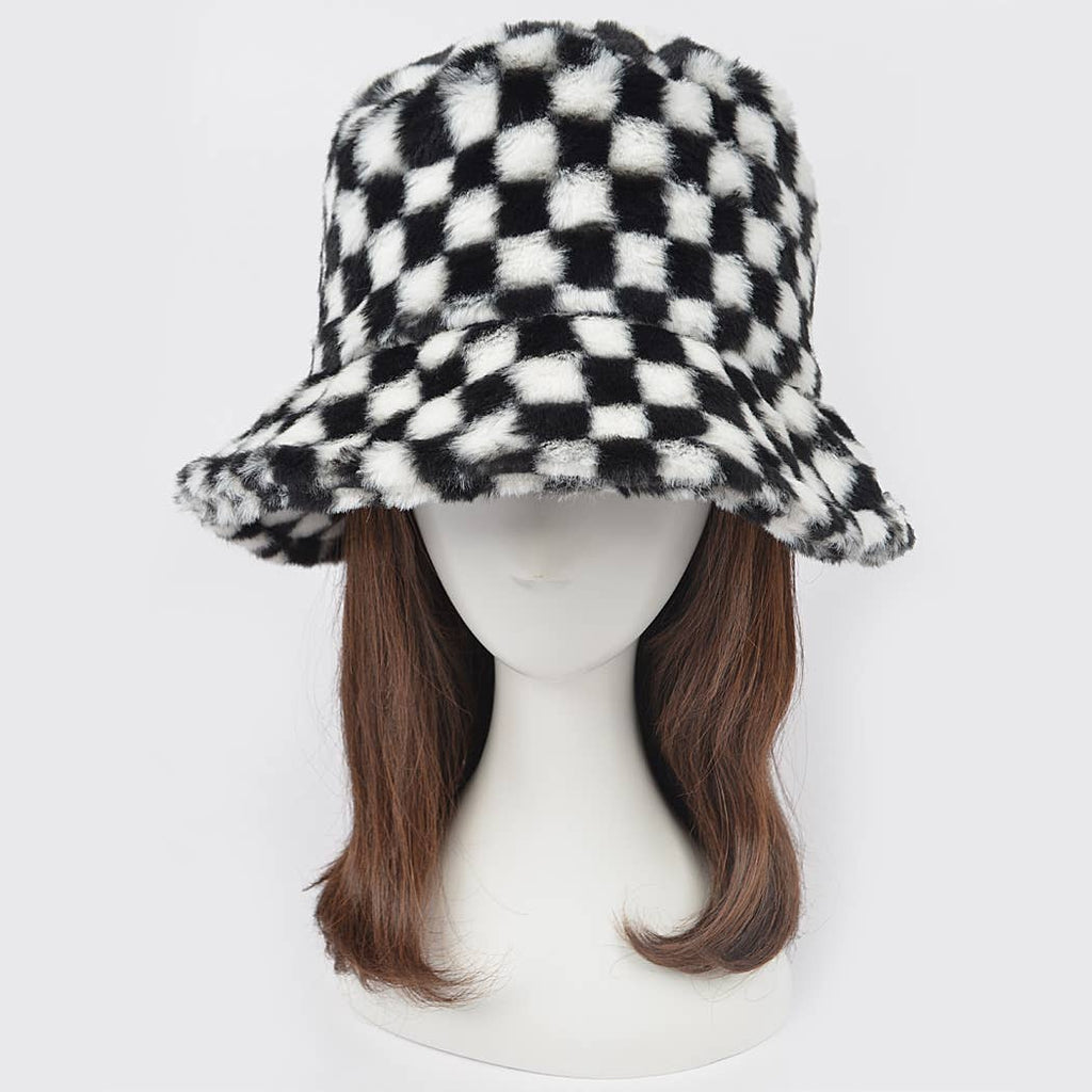 Cozy Check Faux Fur Bucket Hat