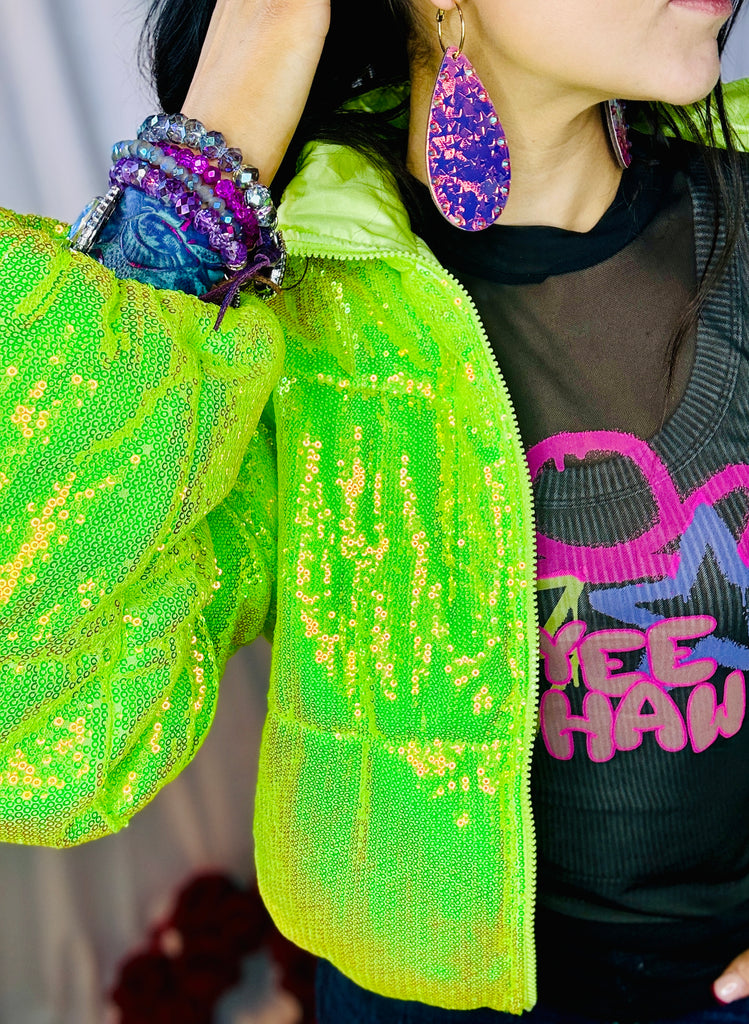 Chic Lime Sequin Shimmer Puffer Jacket