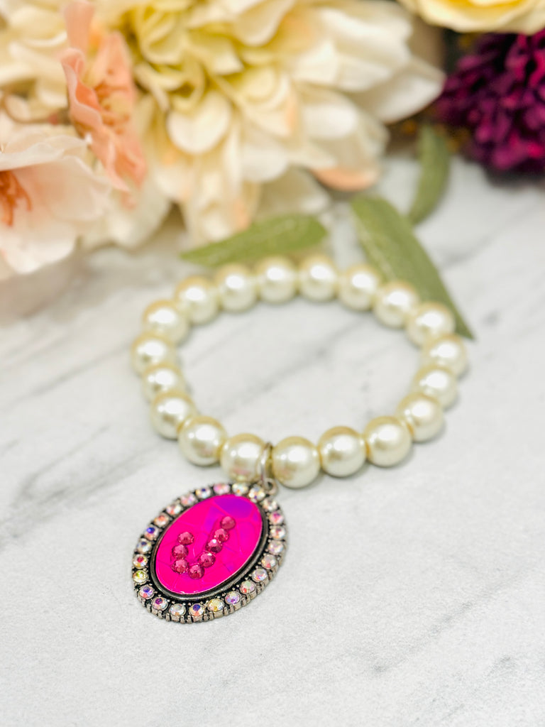 Initial Crystal Pearly Bubble Beaded Bracelet- Hologram Hot Pink