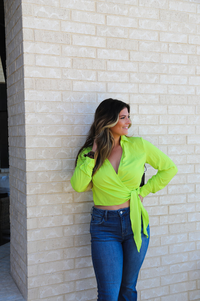 To the Side Tied Surplice Blouse - Neon Lemon