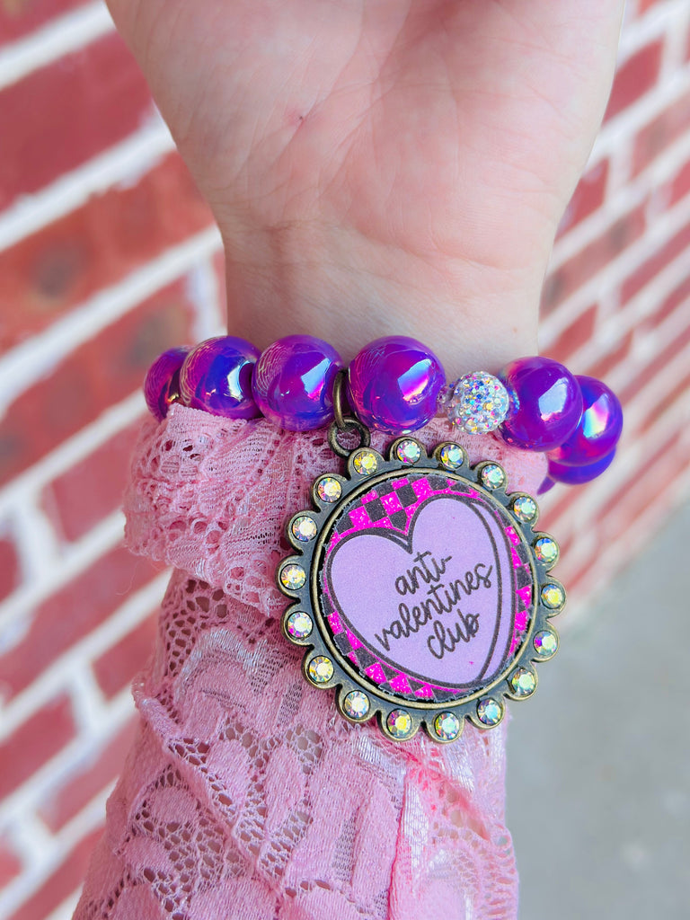 Anti- Valentines Pink Graphic and Purple Beaded Bracelet