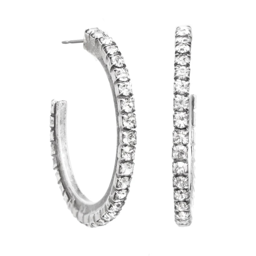 Slim Silver Antique Swarovski Hoops