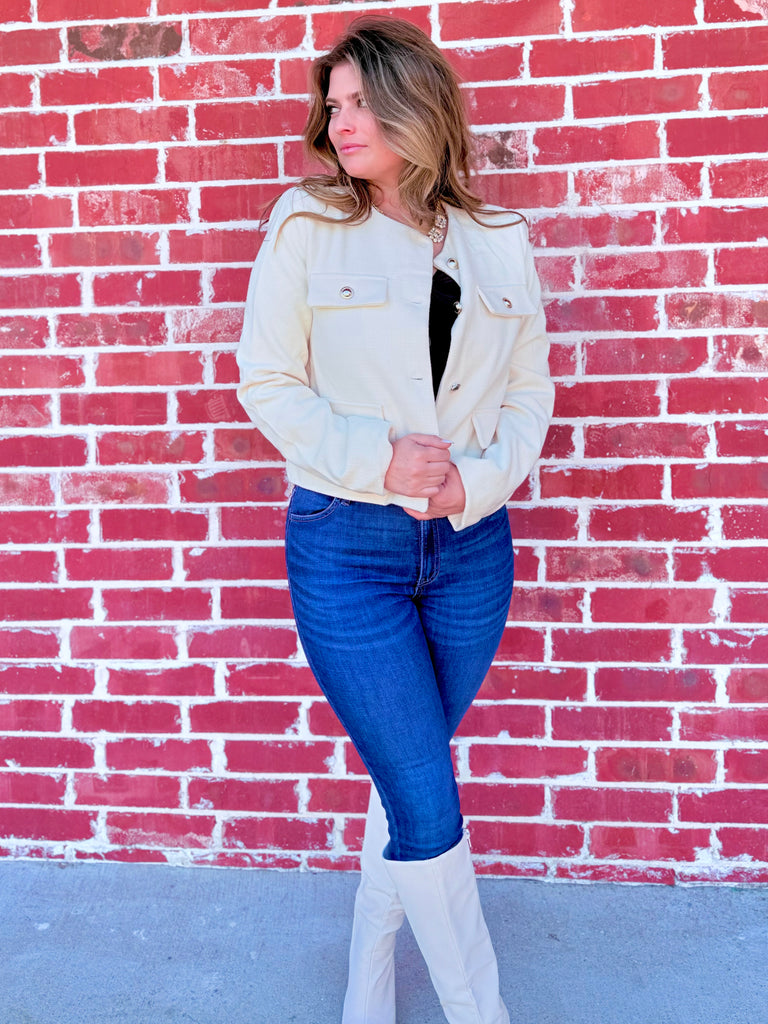 Elizabeth Button Cuffed Sleeve Blazer in Ivory