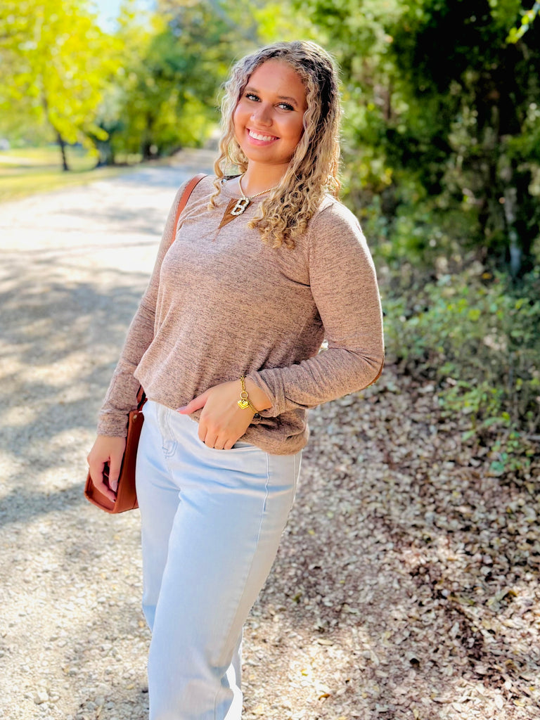 It's That Simple Elbow Patch Button Top - Mocha