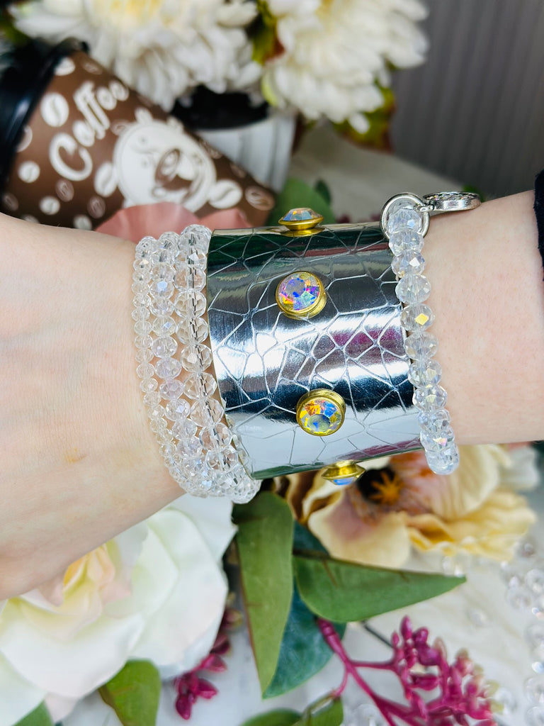 Large- Silver Hologram Crystal Studded Cuff