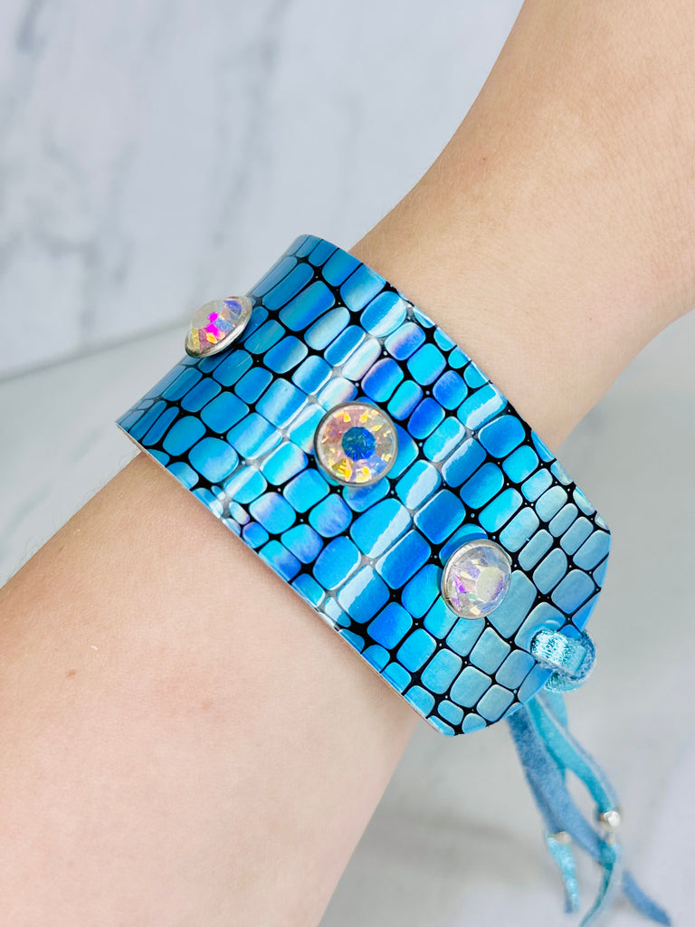 Large- Crossing Blue Hologram Studded Leather Cinch Cuff
