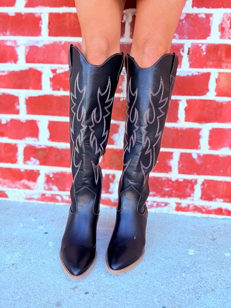 Stir Up Black and Beige Embroidered Cowboy Boots