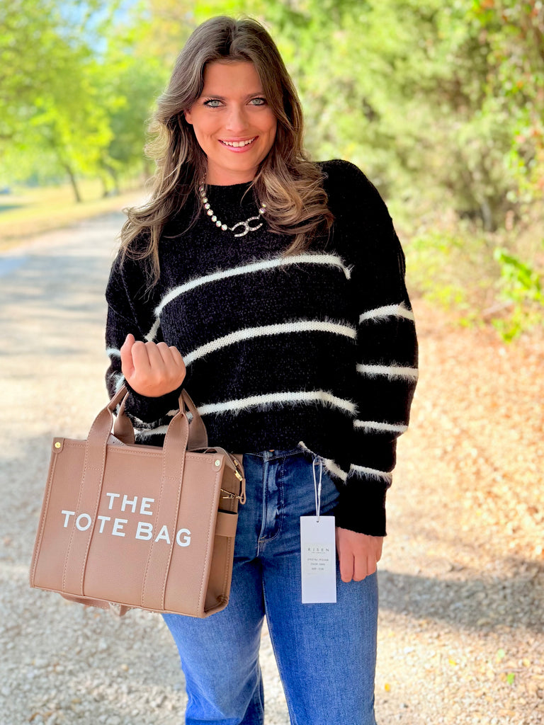 It's Just Causal Chenille Stripe Sweater - Black