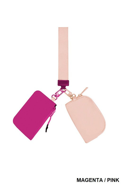 Dual Pouch Wristlet Keychain with Adjustable Strap Magenta/Pink