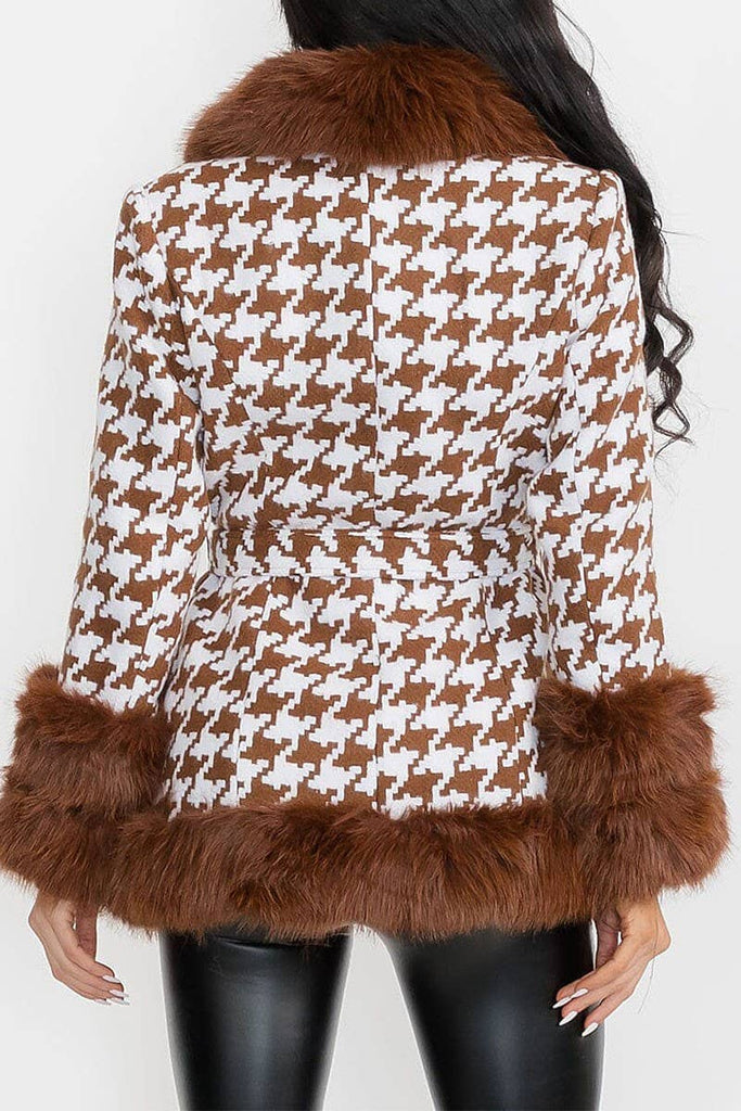 Camel Cloud houndstooth Faux Fur Coat