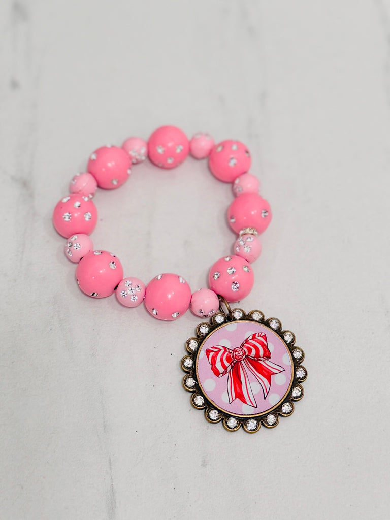 Pink Holiday Shimmer Ribbon Beaded Bracelet