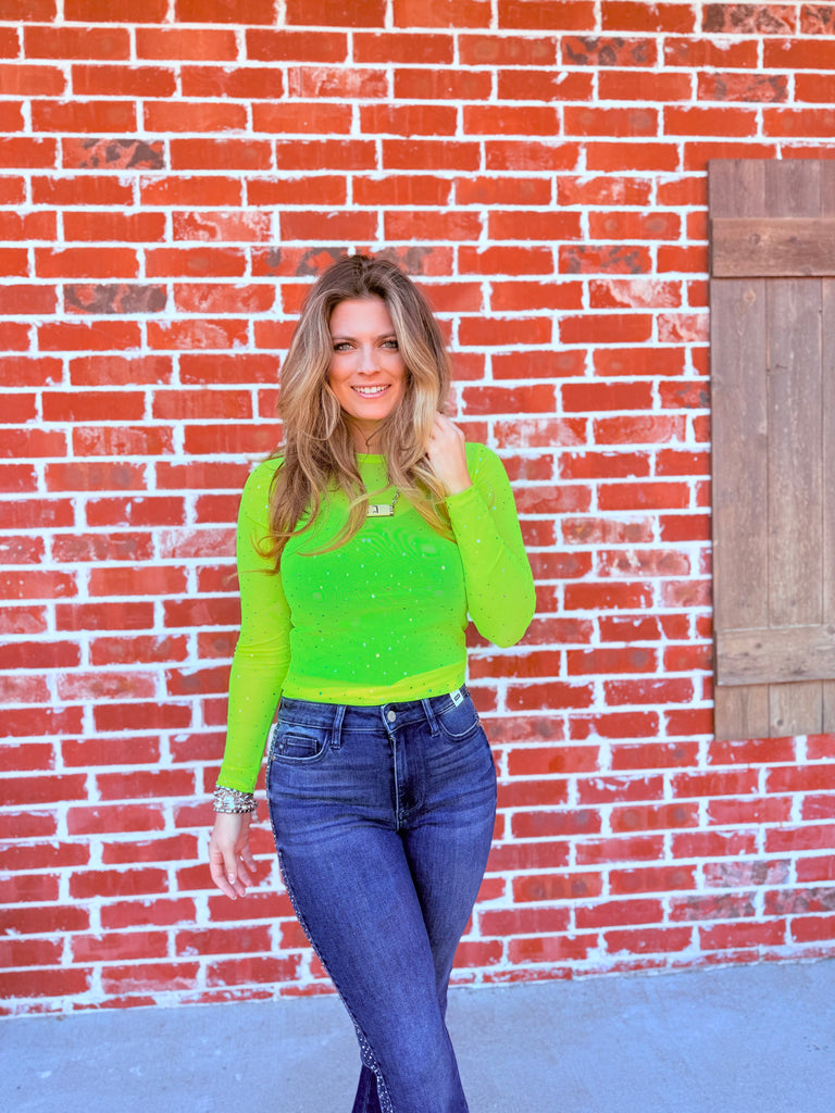 Hologram Sequin Spotted Lime Mesh Top