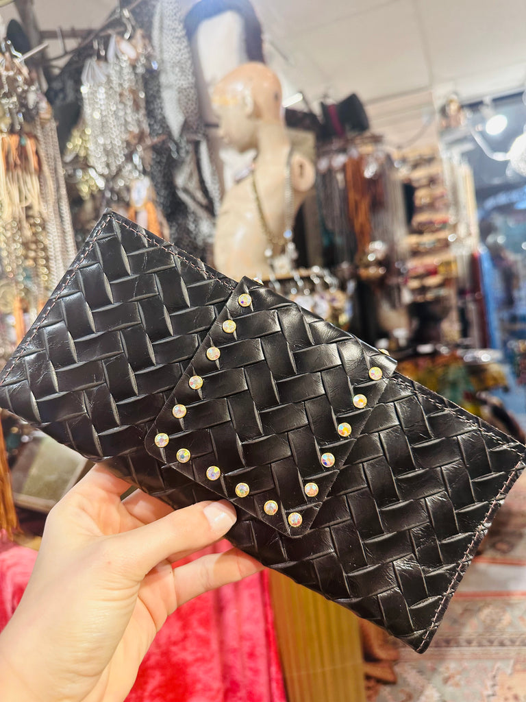 Black Woven Leather AB Flap Wallet/Clutch