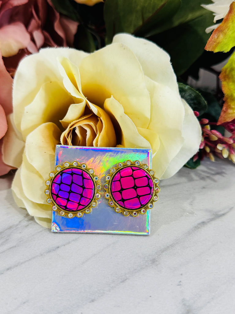 Pink Checks Holo Round Crystal Studded Earrings
