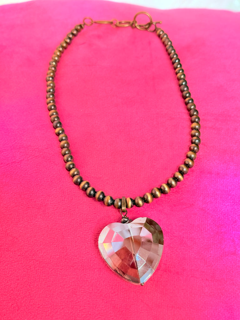 Brass Beaded Crystal Heart Necklace