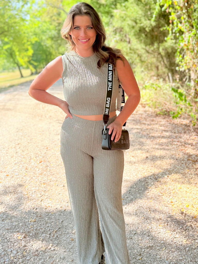 Blissful Ambiance Crinkle Spring Pant Set - Moss Rhinestone