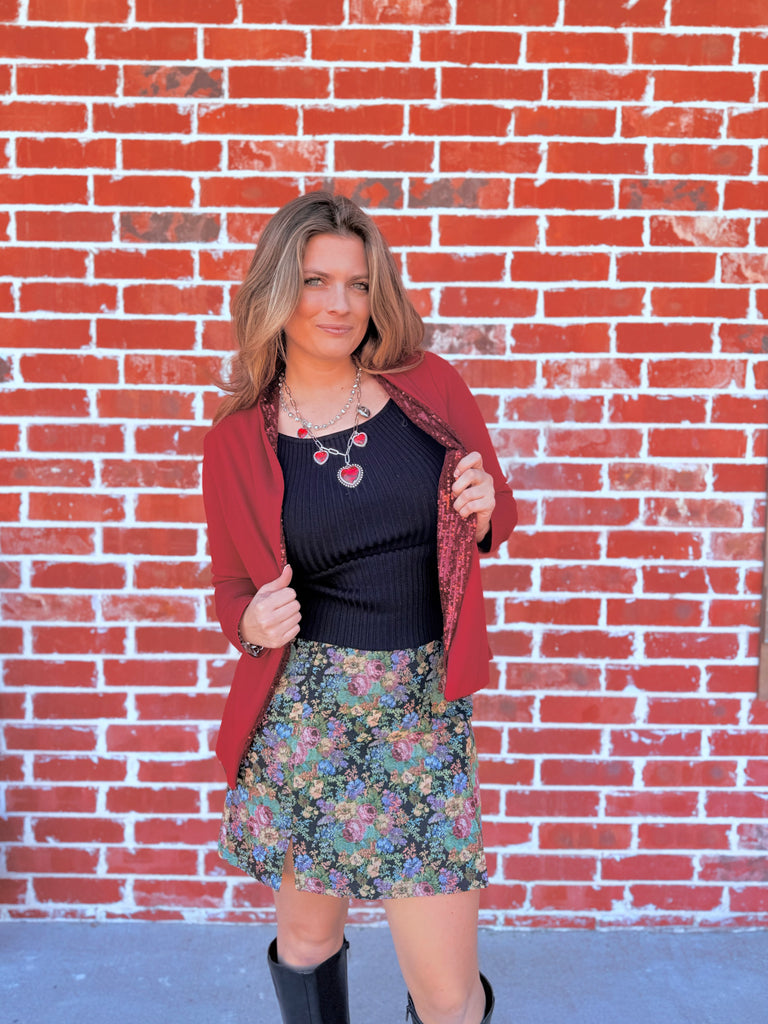 Front & Sequins Sparkle Blazer- BURGUNDY