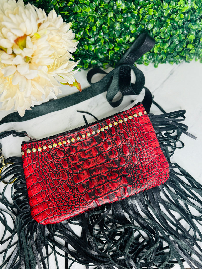 The Perfect Red Cuban Leather Olive Fringed Crossbody