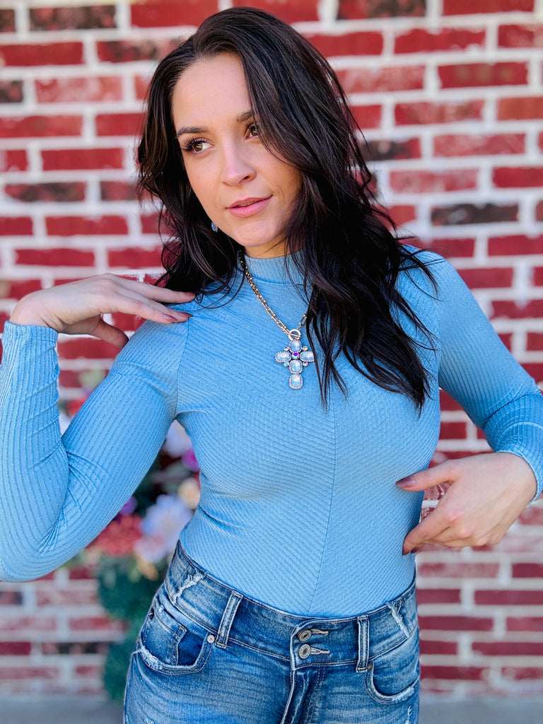 Sky Blue Radiant & Regal Fall Glitter Mock Neck Top