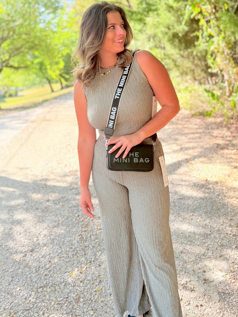 Blissful Ambiance Crinkle Spring Pant Set - Moss Rhinestone