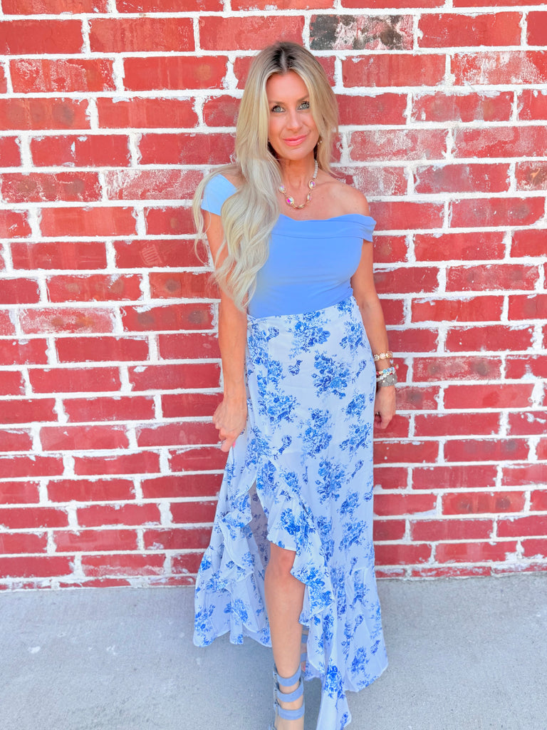 Grand Evening Off Shoulder Top in Light Blue