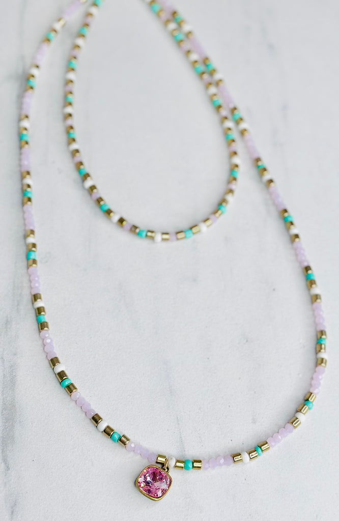 1N499BLR- Teal & Pink Beaded Layered Necklace