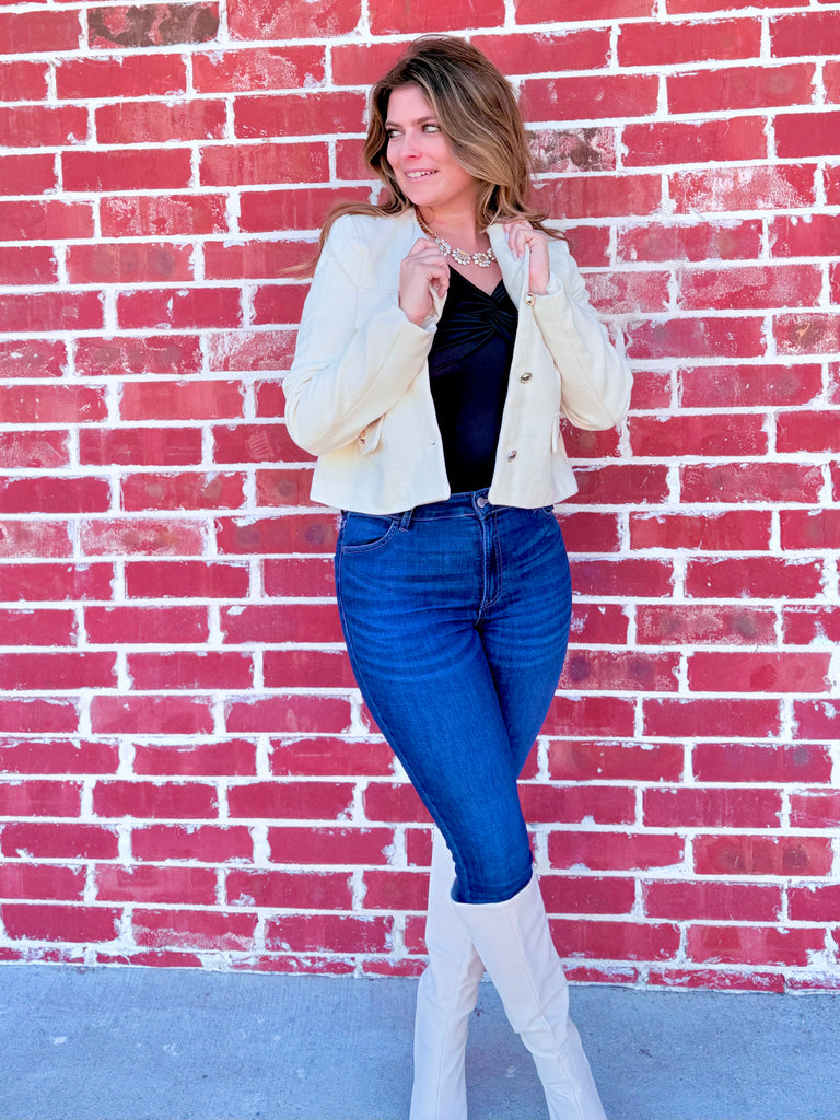 Elizabeth Button Cuffed Sleeve Blazer in Ivory