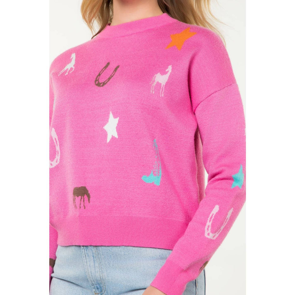 Pink Western Era Motif Long Sleeve Knit Sweater