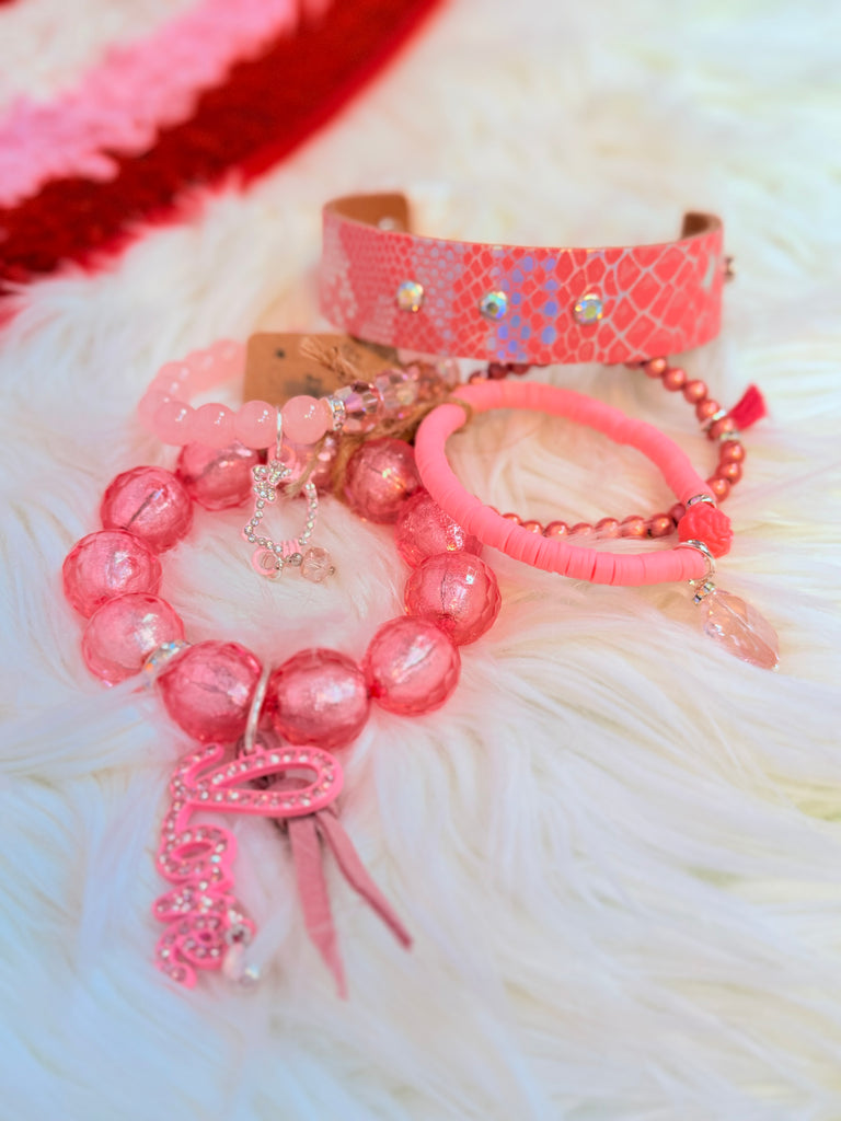 Pink Love Leather Cuff and Charm Bracelet Set